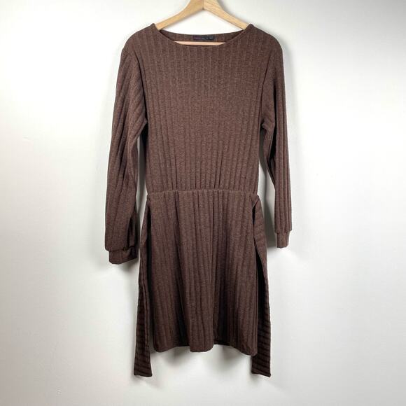 Fraiche by J Chocolate Brown Ribbed Knit Tie Front Long Sleeve Dress Size M - Picture 10 of 10